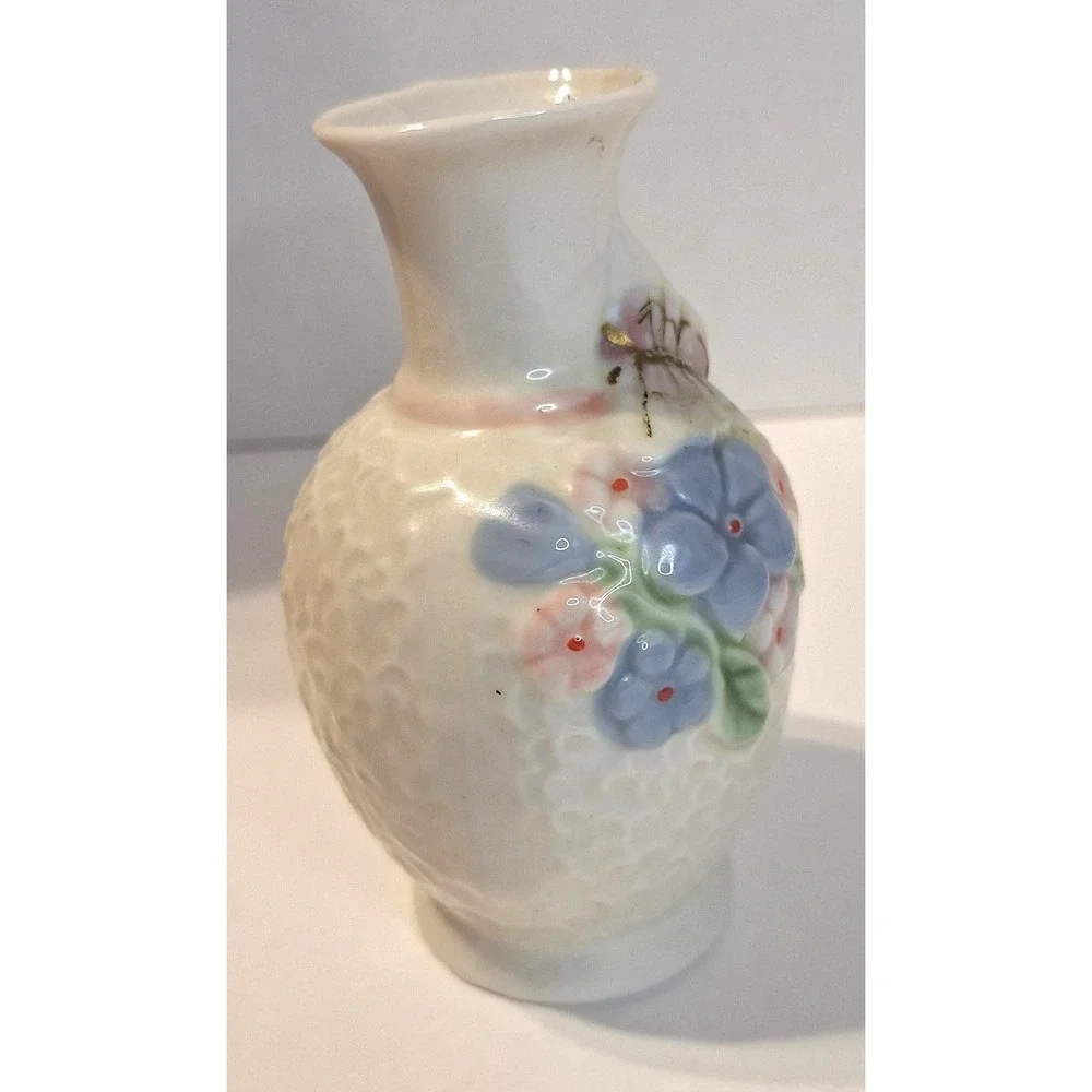 Vintage Miniature Porcelain Bud Vase Floral Butterfly Relief White Blue 4 Inch